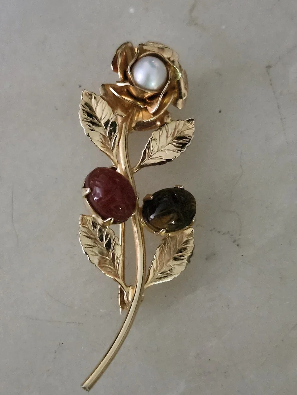 Vtf Gold Tone Rose Brooch with Faux Pearl and Red & Green Stones